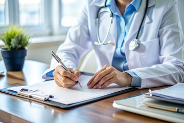 A healthcare professional's hands carefully fill out a document on a cluttered hospital desk, preparing to sign off on important medical information or insurance paperwork.