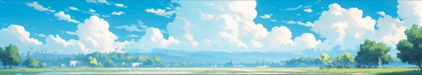 Fototapeta premium Enchanting Anime-Style Fantasy Landscape: A Whimsical Anime Background for Game Art, Storybook Illustrations, and 4K Wallpapers in a Vibrant Abstract Setting