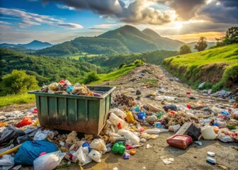 Litter-strewn landscape with discarded trash and plastic waste overflowing from a dumpster, emphasizing the urgent need for environmental conservation and responsible disposal practices.