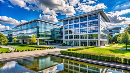 Obraz premium Modern corporate headquarters facade prominently displays a renowned software company's logo, symbolizing global industry leadership, at its sprawling campus in Walldorf, Germany on a summer day.