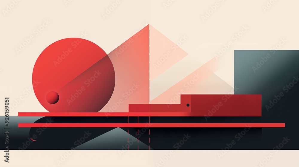 Poster a minimalist abstract composition featuring geometric shapes in red, including a large circle, trian