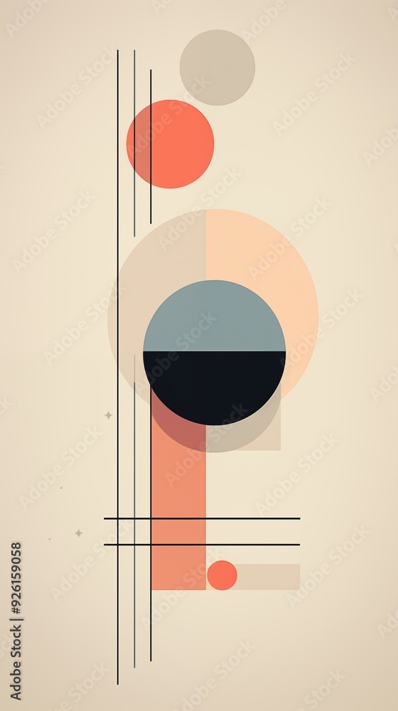 Poster a minimalist abstract composition featuring geometric shapes including circles and lines in soft pas