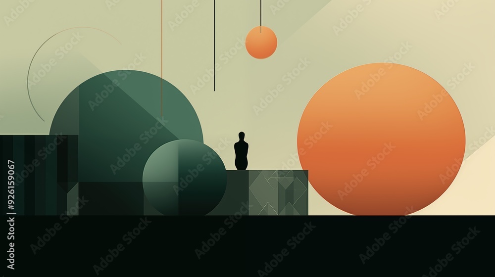 Poster a minimalist abstract composition featuring geometric shapes including circles and rectangles in mut