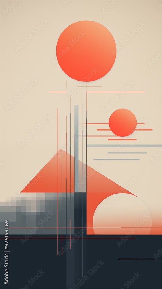 Poster a minimalist abstract artwork featuring geometric shapes including three red circles and a pyramid.