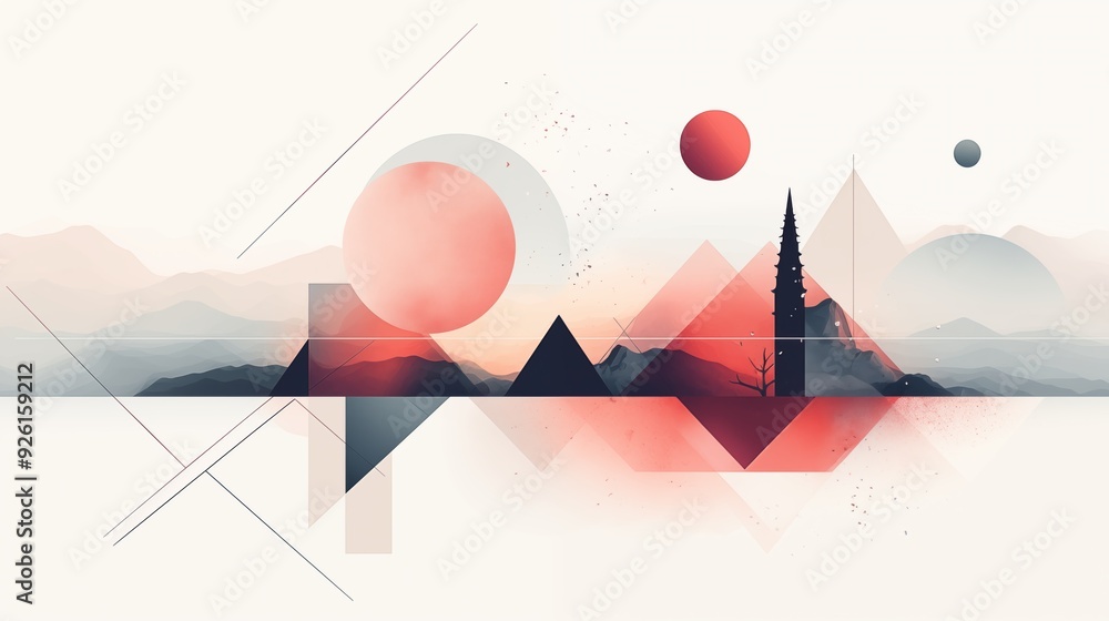 Poster a minimalist abstract landscape featuring geometric shapes like circles and triangles in soft pastel