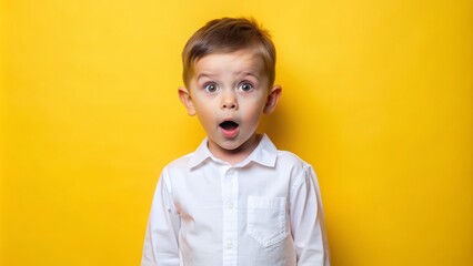 Adorable young boy with a wide-eyed shocked expression stands alone against a bright yellow background, wearing a stylish white outfit, exuding innocence and curiosity.