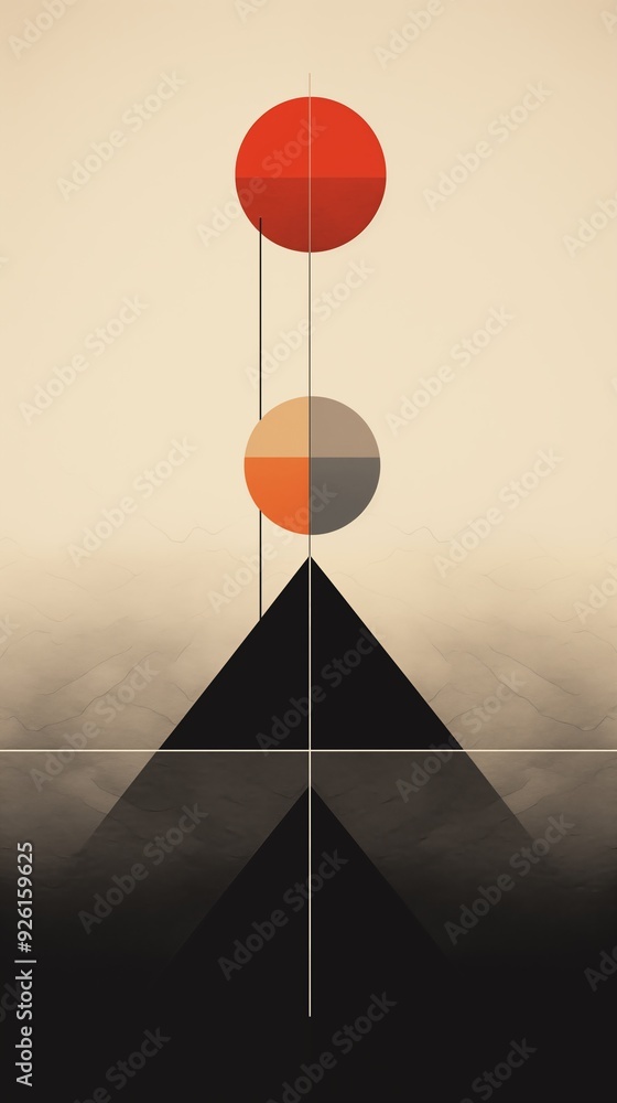 Poster a minimalist abstract design featuring two circles in red and gray above a black triangular shape, c