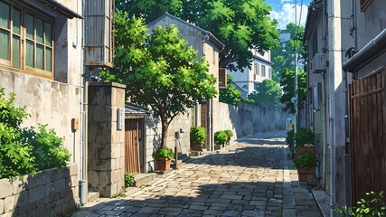 Naklejka premium Sunny Day on a Narrow Cobblestone Street: Traditional Japanese Neighborhood with Lush Greenery Anime Style