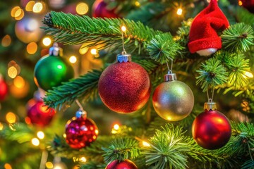 Obraz premium Vibrant red and green ornaments adorn a beautifully lit Christmas tree, with a toy Santa hat hanging from a branch, evoking festive holiday cheer.