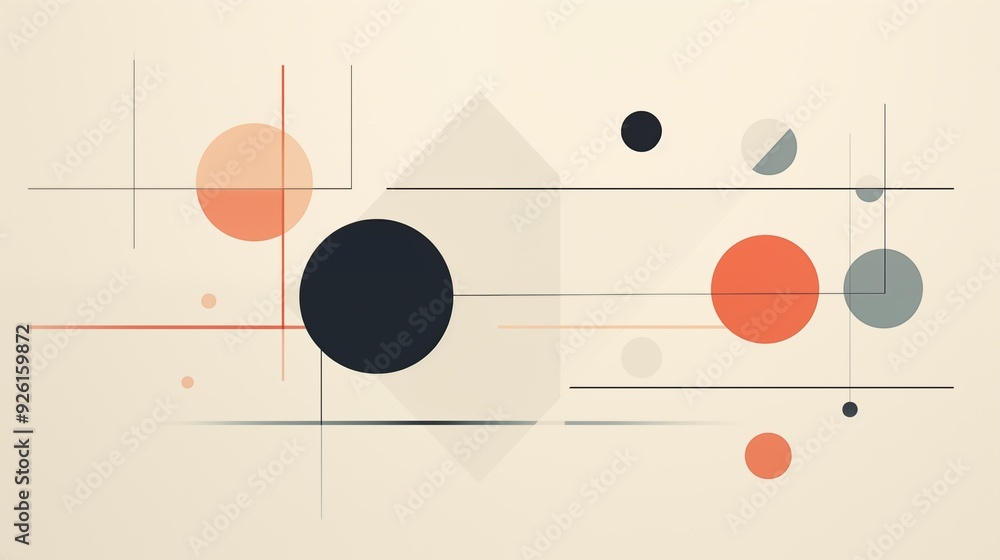 Poster a modern abstract composition featuring various circles and geometric shapes in muted colors. the de