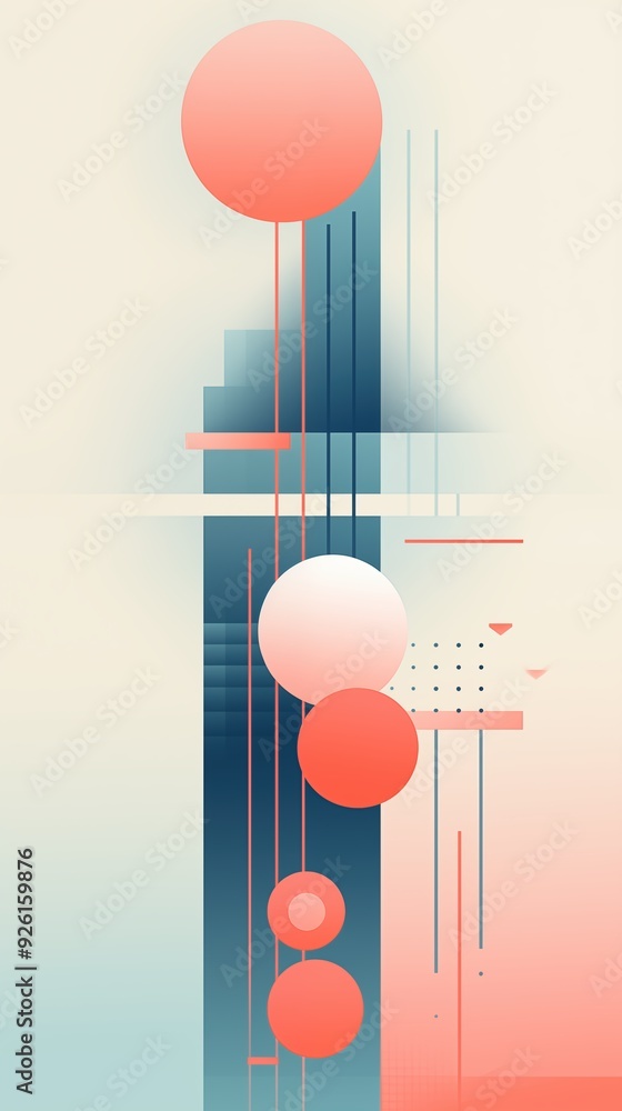 Poster a modern abstract composition featuring vertical lines and circles in shades of coral and blue. the 