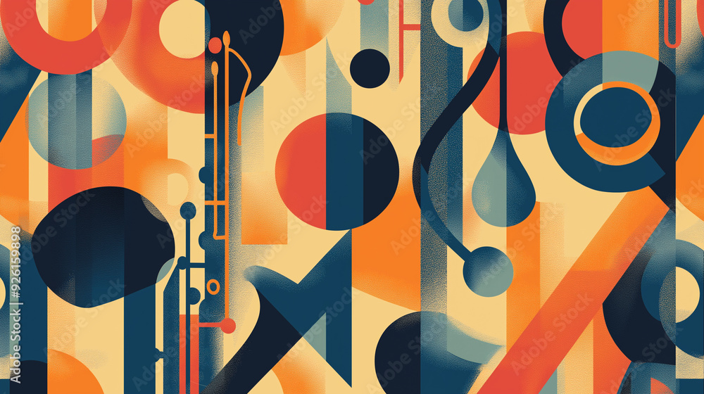 Poster colorful abstract design featuring musical instruments and shapes in warm tones on a light backgroun