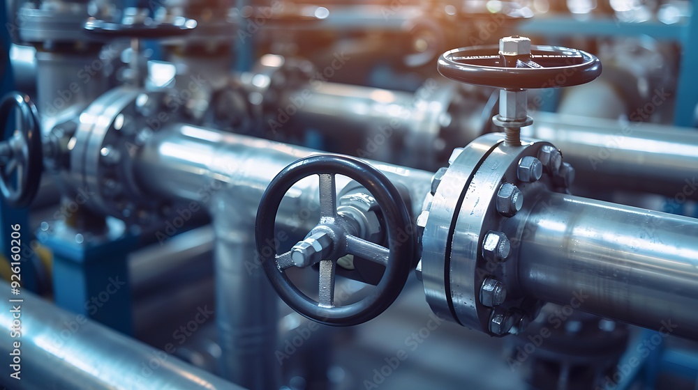 Poster Close-up of a large industrial valve on a pipeline with a blurred background.