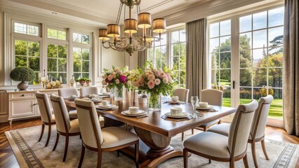 Elegant dining room interior features a beautifully set table with dinnerware, flowers, and chairs, surrounded by large windows, filling the bright and spacious room with natural light.
