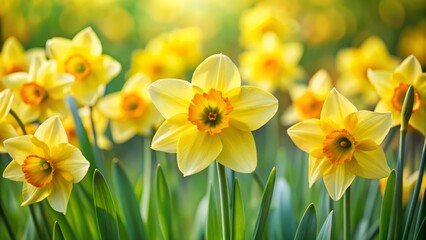 Obraz premium Vibrant yellow petals and delicate centers of daffodils or tulips are showcased in sharp focus against a soft, blurred green garden background.