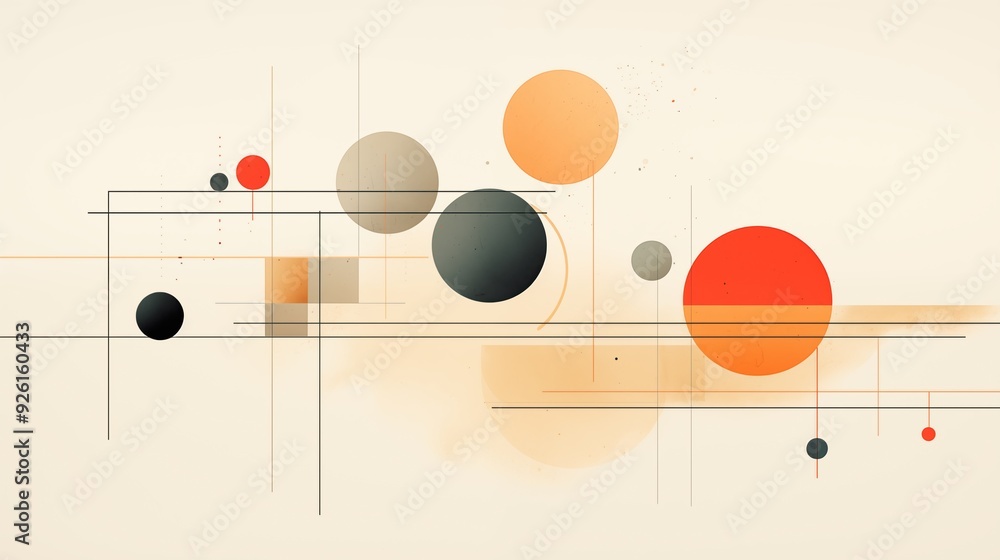 Poster an abstract composition featuring geometric shapes including circles and lines in warm tones of oran
