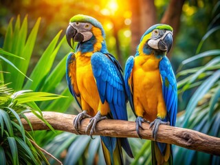 Obraz premium Vibrant blue and gold macaws perch on a tree branch, their bright feathers glistening in the sunlight, showcasing their majestic beauty in a tropical setting.