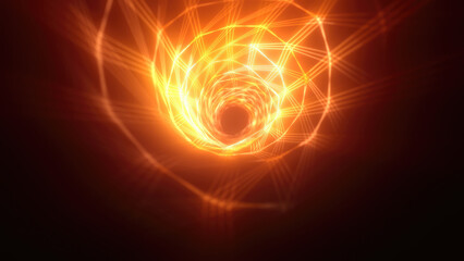 Abstract bright yellow glowing background with a tunnel of lines and stripes of energy of burning rays of plasma and electricity with light