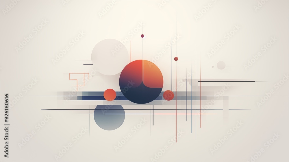 Poster an abstract composition featuring geometric shapes including circles and lines in a muted color pale