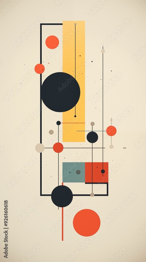 Poster an abstract geometric composition featuring circles, rectangles, and lines in a harmonious arrangeme