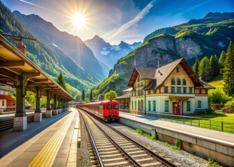 Sun-drenched railway station in Landquart, Switzerland, showcasing a red train on the platform, surrounded by picturesque buildings, with a diminishing perspective on a summer day.