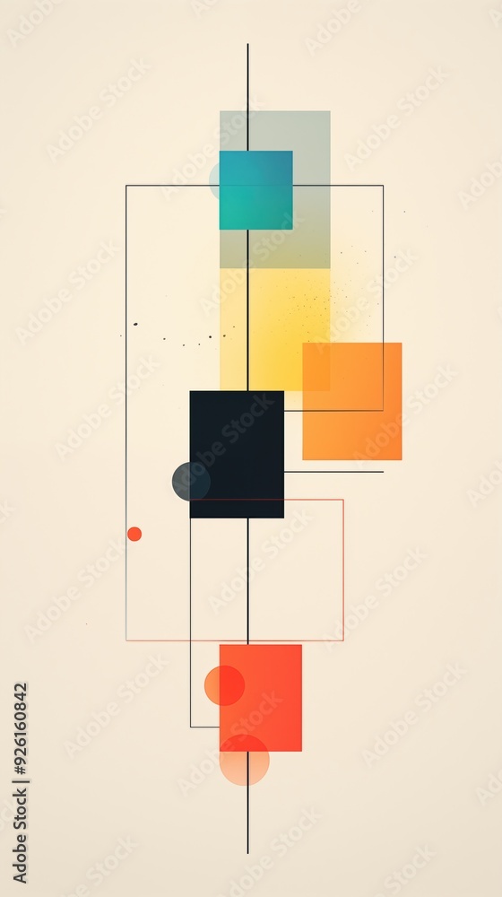 Poster an abstract geometric composition featuring colorful squares and circles arranged vertically. the de