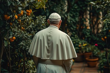 Holy father Pope in garden, back view, ai