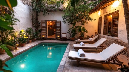 A pool with lounge chairs and a small patio area, AI
