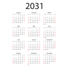 Calendar 2031 year icon in flat style. Planner vector illustration on isolated background. Calender sign business concept.