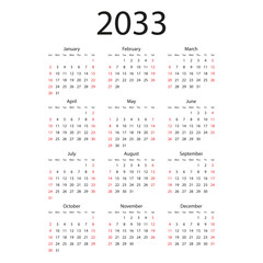 Calendar 2033 year icon in flat style. Planner vector illustration on isolated background. Calender sign business concept.