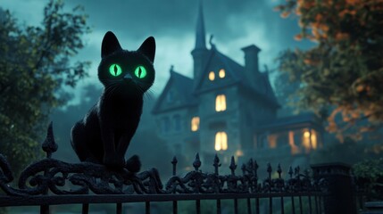Eerie 3D Black Cat with Glowing Eyes on Spooky Fence with Haunted Mansion in Background