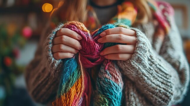 Person knitting a cozy scarf with colorful yarn, showcasing the creativity and relaxation found in crafting