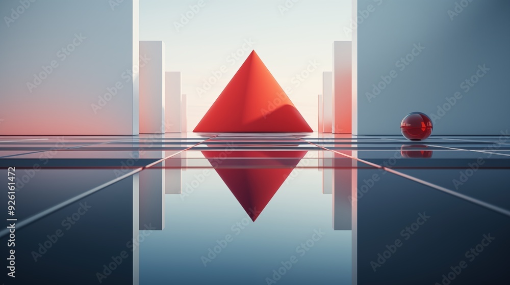Poster a minimalist 3d scene featuring a large red pyramid in the center, reflecting on a glossy tiled floo
