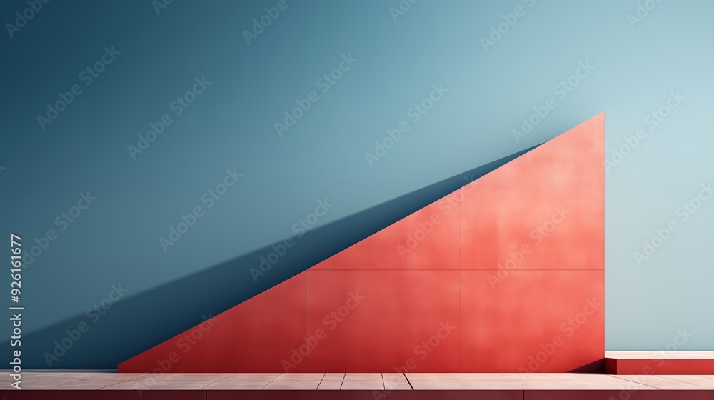 Poster a minimalist architectural design featuring a red triangular wall against a light blue background. t