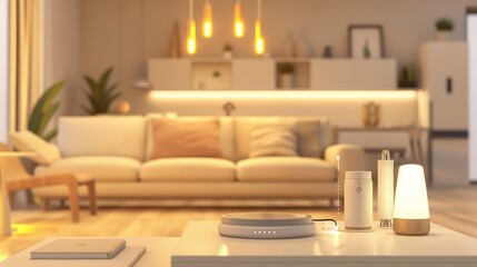 Modern Living Room with Smart Home Devices and Warm Lighting