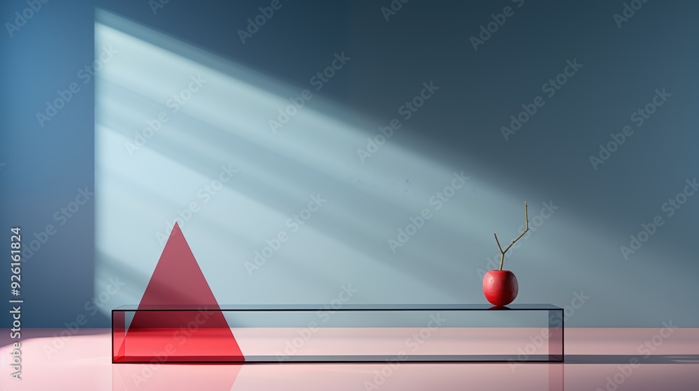Poster a minimalist composition featuring a transparent rectangular table, a red triangular shape, and a sm