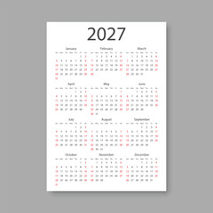 Calendar 2027 year icon in flat style. Planner vector illustration on isolated background. Calender sign business concept.