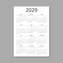 Calendar 2029 year icon in flat style. Planner vector illustration on isolated background. Calender sign business concept.