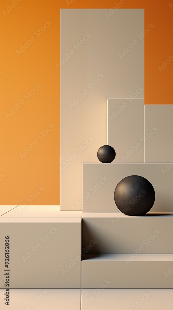 Poster a minimalist composition featuring geometric shapes in neutral tones against an orange background. t
