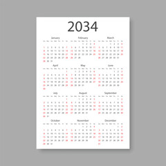 Calendar 2034 year icon in flat style. Planner vector illustration on isolated background. Calender sign business concept.
