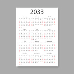 Calendar 2033 year icon in flat style. Planner vector illustration on isolated background. Calender sign business concept.