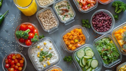 Colorful containers hold an array of fresh vegetables, grains, and legumes, perfect for creating balanced meals throughout the week
