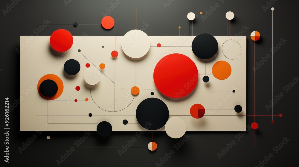 Poster a modern abstract art piece featuring various circles in red, black, orange, and white against a dar