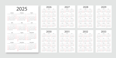 Calendar grids from 2025 to 2033 icon in flat style. Planner vector illustration on isolated background. Calender sign business concept.