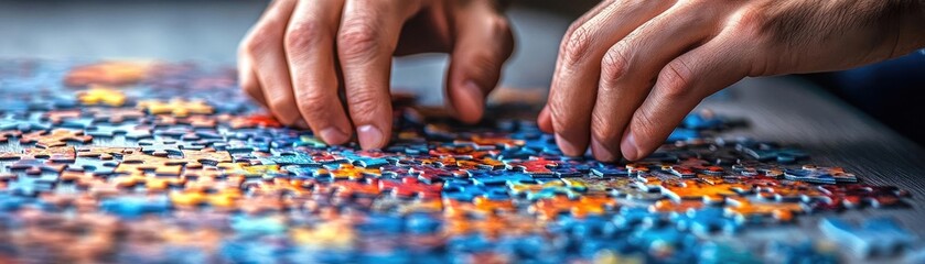 Fototapeta premium Person working on a detailed puzzle, illustrating the focus and satisfaction found in this relaxing hobby