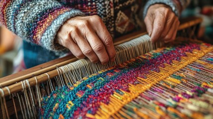 Person weaving a colorful tapestry on a loom, showcasing the artistry in textile crafts
