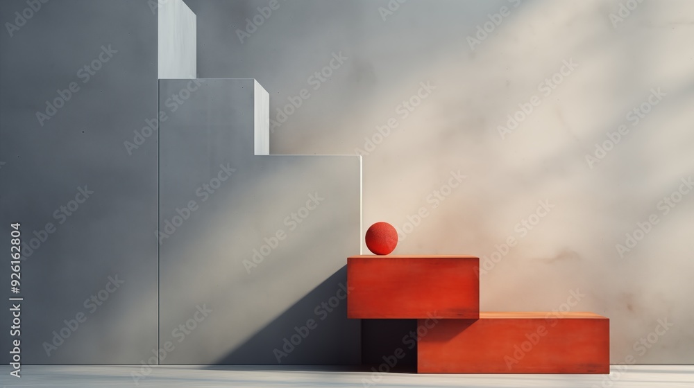 Poster a minimalist composition featuring geometric shapes in soft gray and bold red tones. stairs made of 