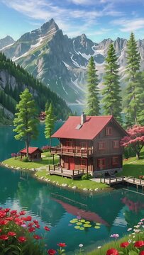 Seamless looping 4k time-lapse animation of a cozy alpine cabin by a serene lake, surrounded by vibrant flowers and towering mountains. Nature escape concept.