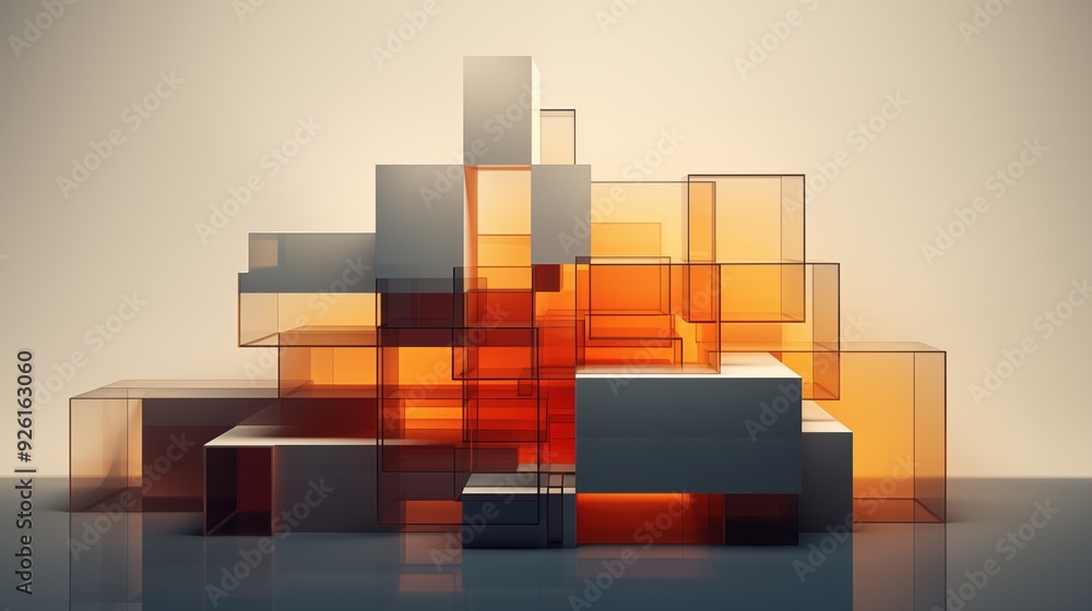 Poster an abstract arrangement of transparent and semi-transparent cubes in shades of orange and gray, crea
