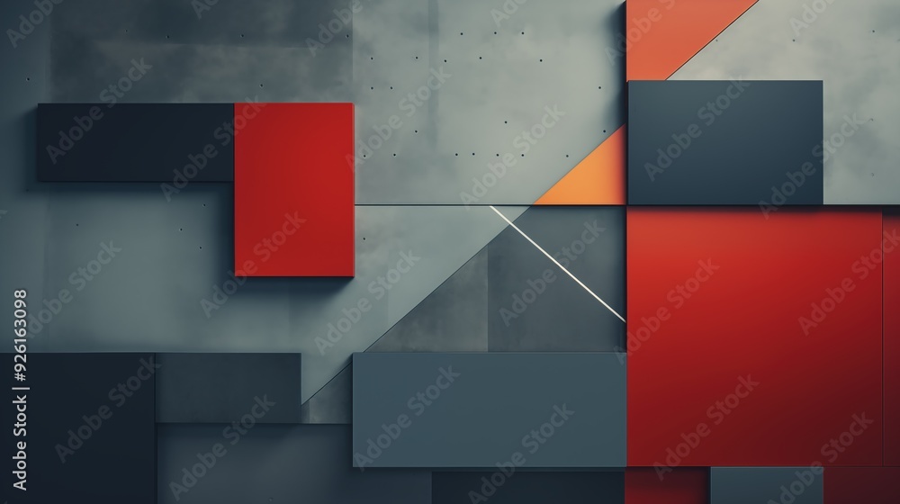 Poster an abstract composition featuring geometric shapes in red, gray, and orange against a textured concr